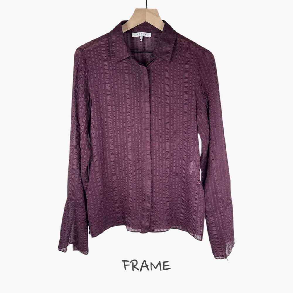 Frame Women's Bell Sleeve 100% Silk Button Up in Cabernet Stripe Sz S Designer